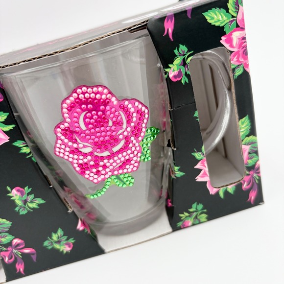 Betsey Johnson Coffee Mugs Set of 2 Rose Floral Rhinestone Embellished - Picture 2 of 5